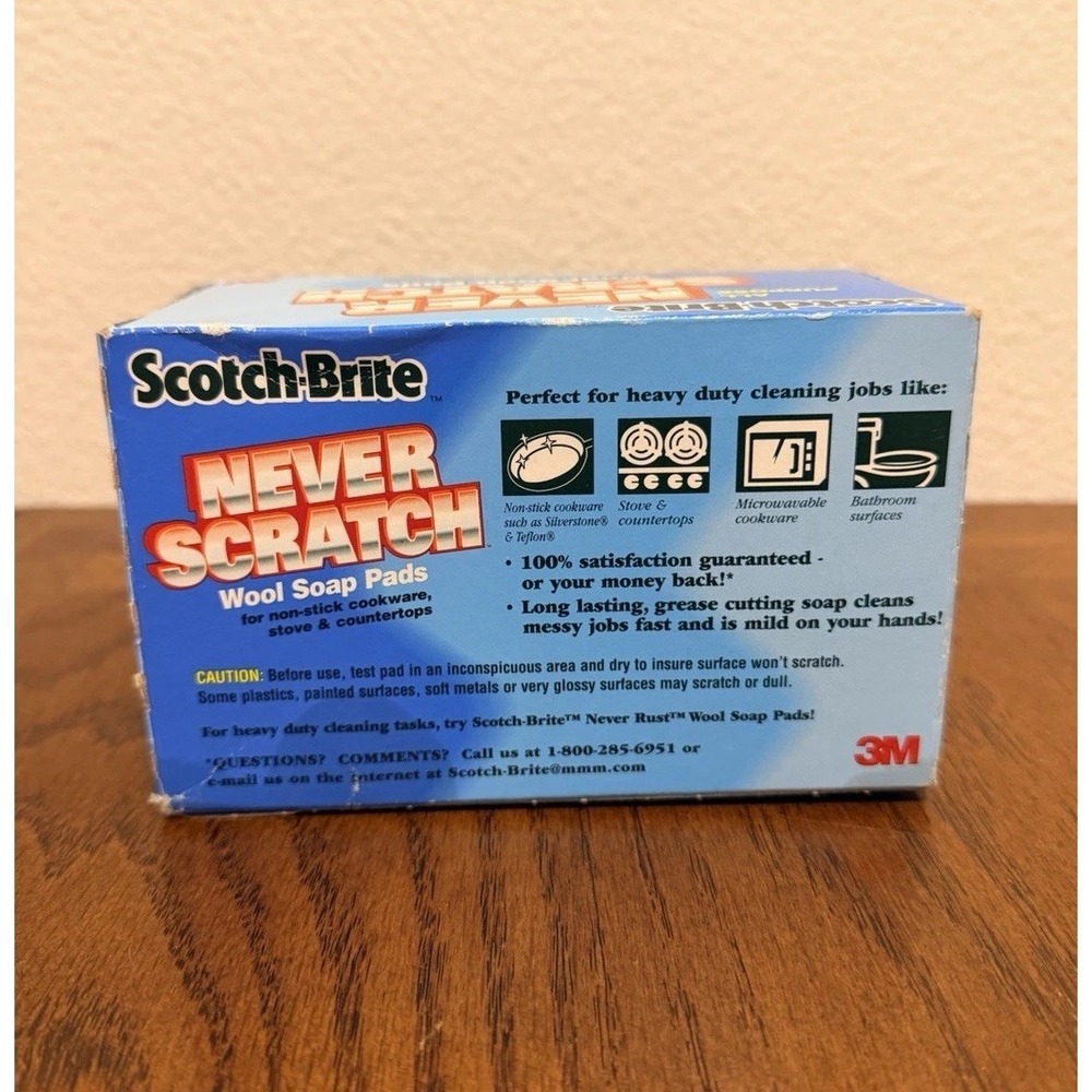 Scotch-Brite Never Scratch Wool Soap Pads By 3M 1996, 4 Pads, One Box, Vintage - Picture 2 of 5
